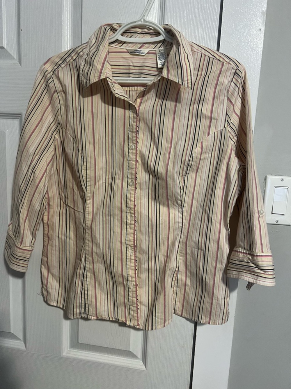 Striped Button-Up Shirt in Cream with Red & Black Accents